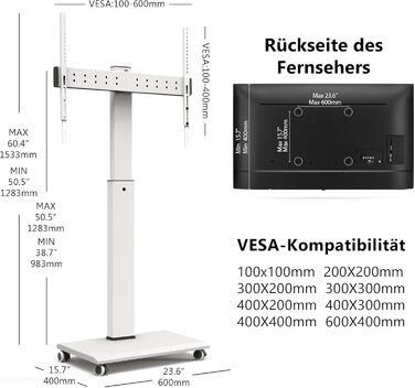 Підставка для телевізора FITUEYES на колесах, 32-75 дюймів, плазма/LCD/LED, білий, VESA 600x400 мм
