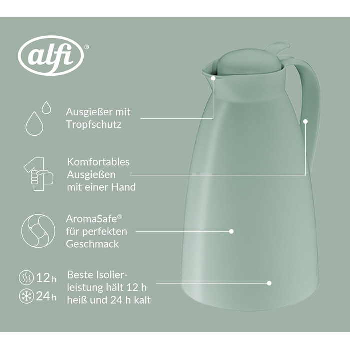 Термос Alfi ECO 1.0л з термоізоляційним скляним вкладишем, кришкою з поворотним механізмом та зручною кнопкою, для зручного наливання однією рукою, ідеальний для кави та чаю, BPA Free (М'ятно-зелений)