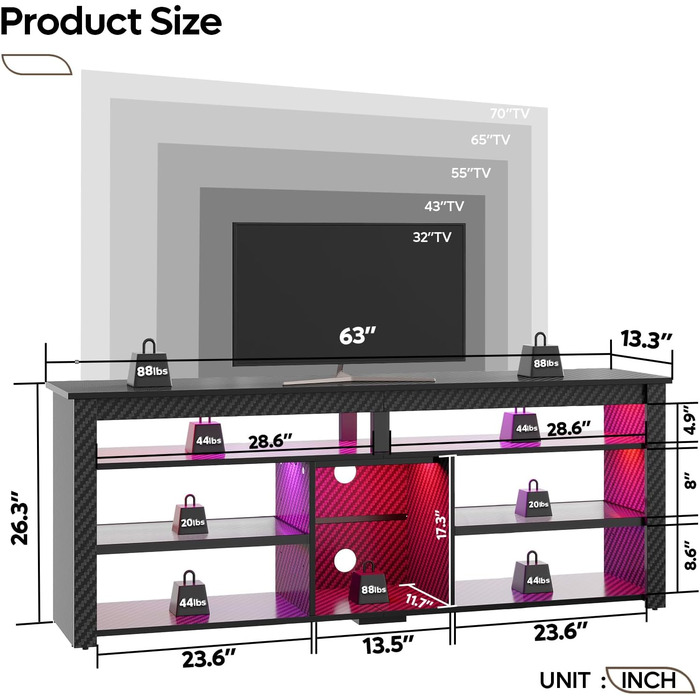 Тумба під телевізор Bestier 70 дюймів з підсвіткою LED, для PS5, чорна карбонова - 160x33.8x66.8 см