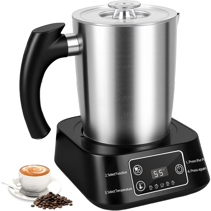 Електричний спінювач молока 5-в-1 з нержавіючої сталі, 500 мл, знімний контейнер, контроль температури, для гарячого та холодного молока, капучино, лате