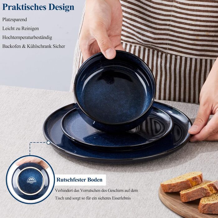 Набір посуду Joyfair на 6 осіб (18 предметів) з кераміки, блакитного кольору. Тарілки, миски, глибокі тарілки. Для мікрохвильовки та посудомийної машини.