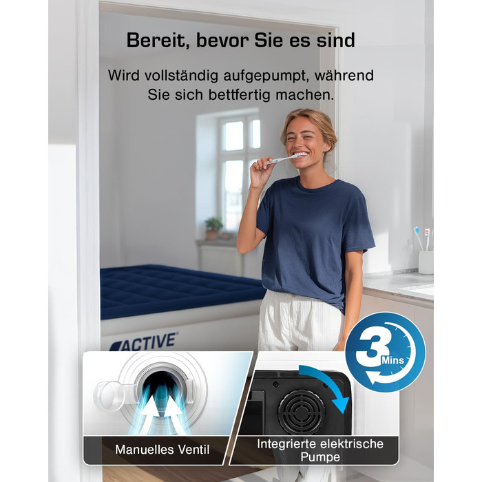 Надувне ліжко Active Era Luxus для 2 осіб з електричним насосом та інтегрованим подушками, 200 x 150 x 36.5 см - ідеально для кемпінгу та гостей