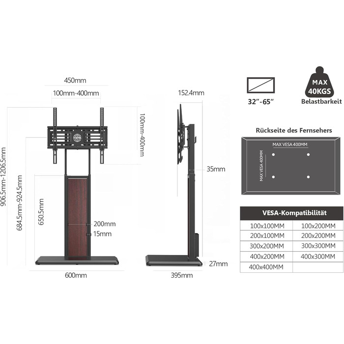 Тумба під телевізор FITUEYES з дерев'яною полицею, регульована по висоті та поворотна, на 32-65 дюймів, макс. 40 кг, VESA 400x400