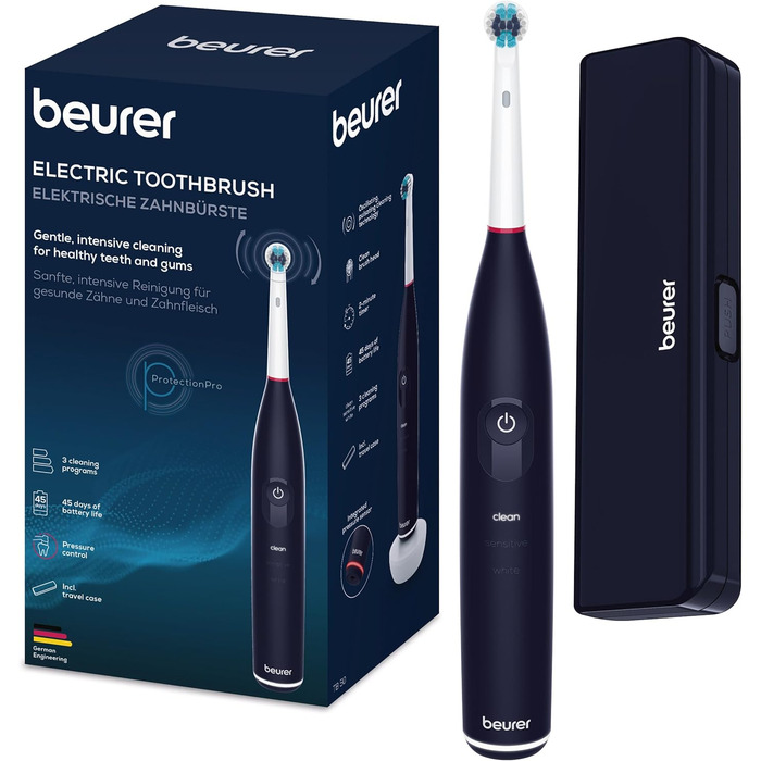 Електрична зубна щітка Beurer TB 50 з 3 програмами очищення, осцилюючо-імпульсна технологія, сенсор тиску, акумулятор на 45 днів
