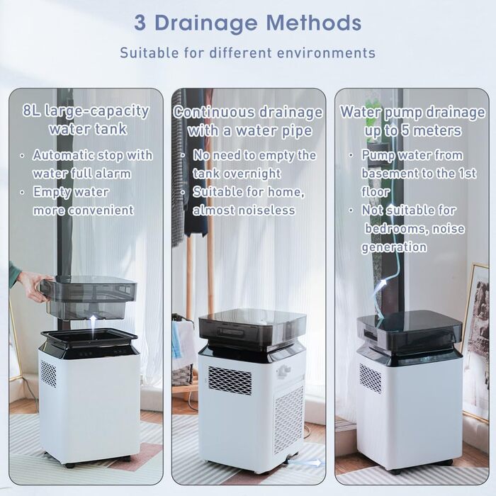 Електричний осушувач повітря з помпою: компресорний осушувач 80л/день, 8л бак, 400 м³/год, смарт гігростат, тихий, для підвалу/квартири/офісу/ванної кімнати/спальні, чорний & білий