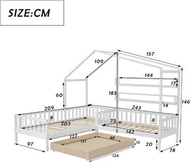 Ліжко Merax house з ящиками і полицями, дитяче ліжечко 90х200 см і 140х70см, ігрове ліжко з масиву дерева з огорожею і рейковою основою, L-подібна конструкція, для 2-х дитячих двоспальне ліжко, (біле двоспальне ліжко)