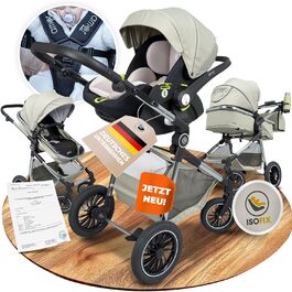 Дитяча коляска 3 в 1 AMOR BABY Primus - світло-оливковий, з автокріслом та люлькою | Безпечна коляска з Isofix та 5-точковим ременем