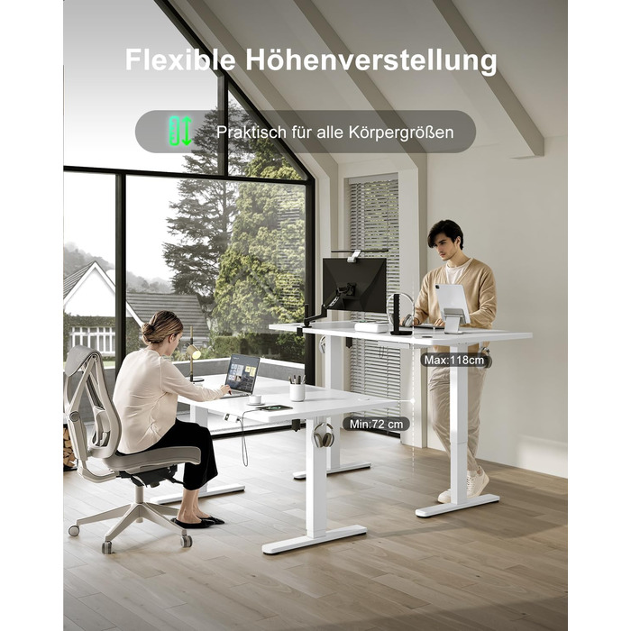 Електричний стіл Devoko з регулюванням висоти 200x80 см, білий, з USB-C зарядкою та органайзером для кабелів