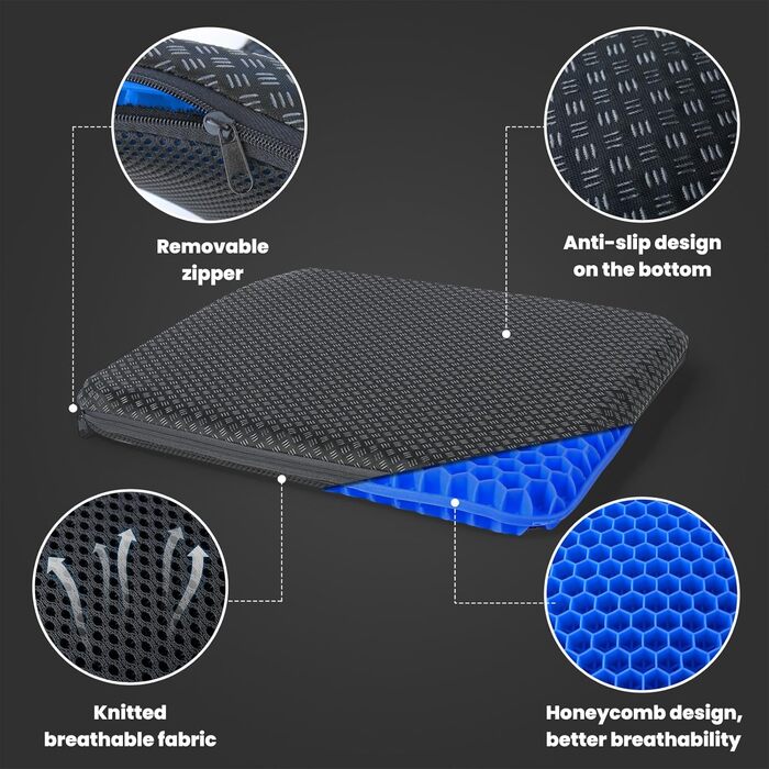 Ортопедична гелева подушка на сидіння для офісного стільця, авто та візка — м'яка подушка з протиковзаючим знімним чохлом (Синій, 43x39x4 см)