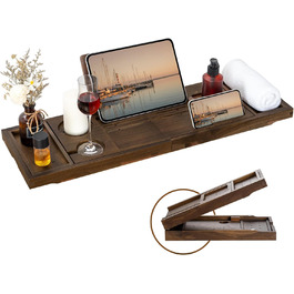 Підставка для ванни з текового дерева, розширювані ручки, тримачі для келиха вина та телефону, підставка для книг, для дому, спа, релаксації та читання, натуральний (темно-волоський)
