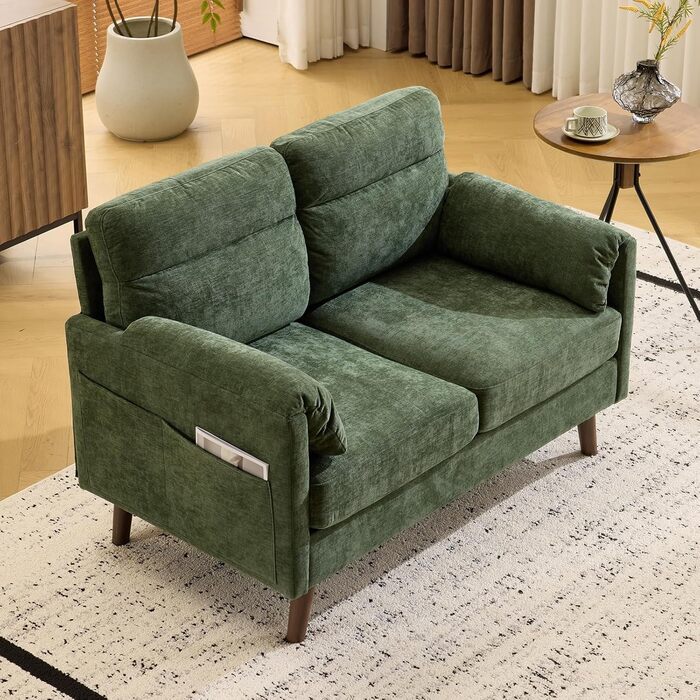 Диван Bonnlo 2-місний, компактний, 125 см, тканинний диван з м'якими підлокітниками, для офісу, вітальні, спальні, кабінету, легка збірка, льон, зелений
