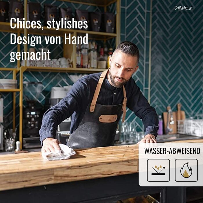 Фартух з натуральної шкіри буйвола, чорний: для гриля, барбекю, приготування їжі та кухні. Вінтажний стиль.