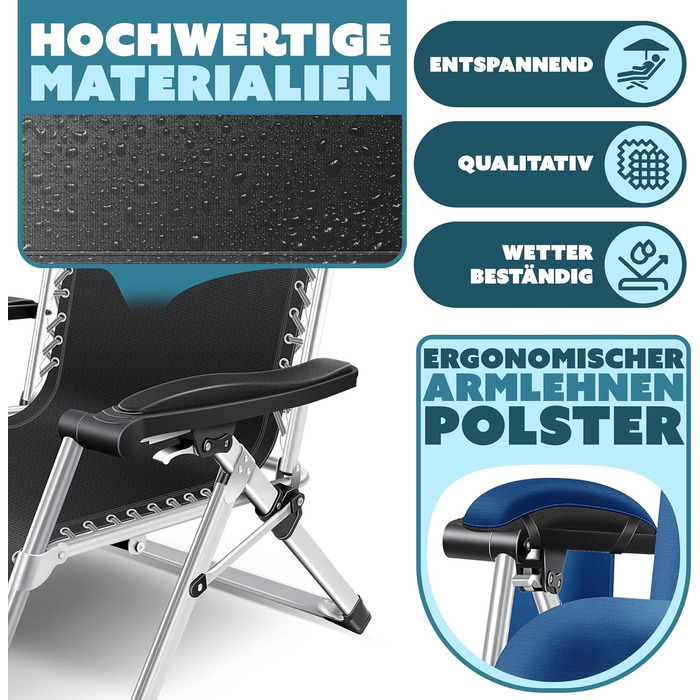 Шезлонг KESSER® для саду, широке крісло, водостійкий, вантажопідйомність 200 кг, ергономічна подушка, регульована спинка, підголовник, тримач для напоїв, підлокітники та бічна кишеня (без сонцезахисного даху), колір: темно-синій