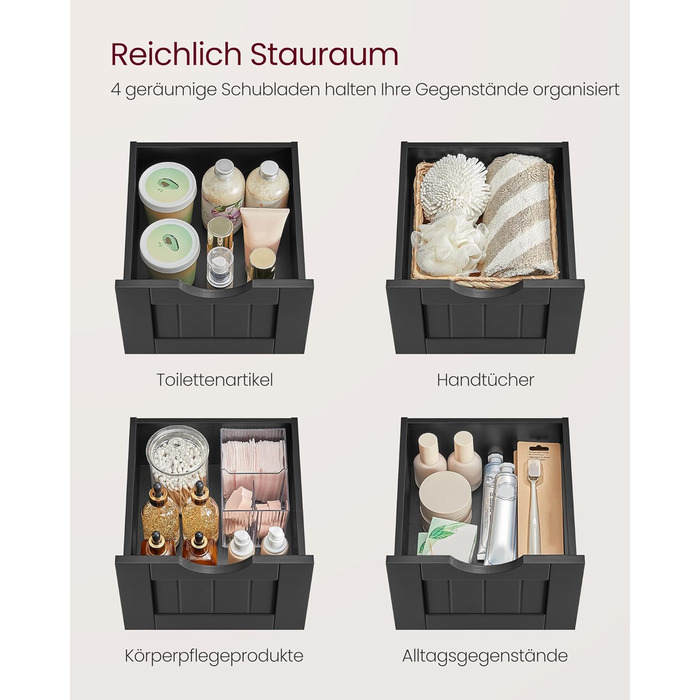 Шафка для ванної кімнати VASAGLE з 4 висувними ящиками, 30 x 30 x 82 см, білий колір, для ванної, вітальні, кухні, їдальні, сучасний дизайн