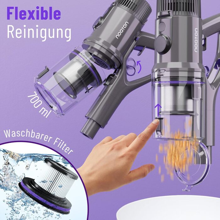 Бездротовий пилосос Noaton AVC600 Deluxe з акумулятором, 50000 Па, 600 Вт, автоматичний режим, до 85 хв роботи, 220 AW, LED дисплей, док-станція, HEPA фільтр, для твердих поверхонь, килимів та шерсті тварин