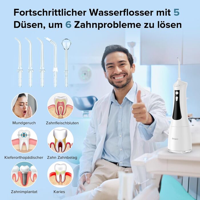 Електричний ірigator Munddusche з 5 режимами та 5 насадками, 300 мл резервуар, перезаряджуваний, для догляду за зубами, водонепроникний (IPX7)