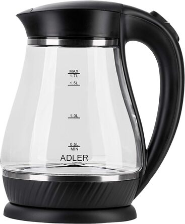 Чайник Adler Black Glass місткістю 1,7 літра і потужністю 2000 Вт AD 1274 чорний, 2200, нержавіюча сталь, 1,7 літра