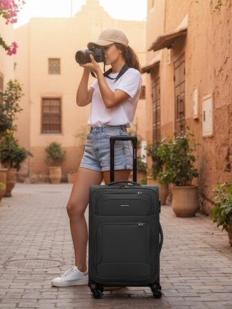 Набір валізак Smartbox 3-в-1 для жінок та чоловіків | Легкі та міцні валізи-ролики, якісний softcase, 4 колеса та кодовий замок | Розширювані валізи (Edition 04) (Чорний, валіза M (67 см) з можливістю розширення)