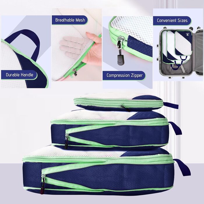 Набір компресійних органайзерів для одягу AiQInu (5 шт), ультралегкі сумки для пакування в подорожі з мішком для взуття та білизни, темно-синій