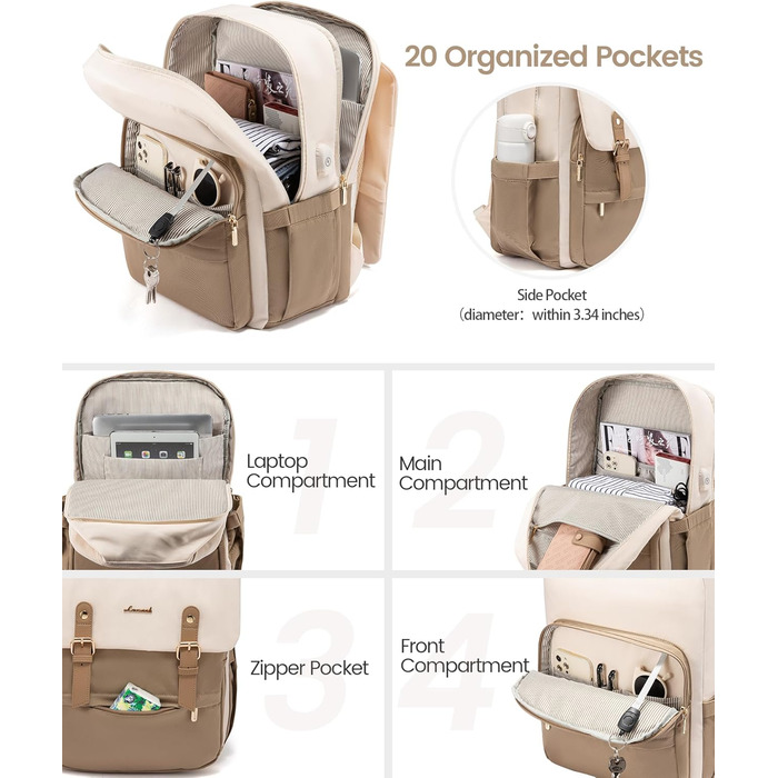 Жіночий рюкзак LOVEVOOK 15.6 дюймів: водонепроникний, для ноутбука, універсальний, для роботи, навчання, подорожей, бежевий/коричневий