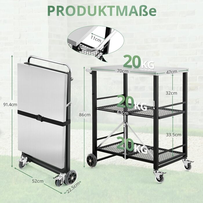 Гриль-візок LUE BONA: складаний, з 2 полицями, з нержавіючої сталі, чорний. Для дачі, кемпінгу, відпочинку на природі.