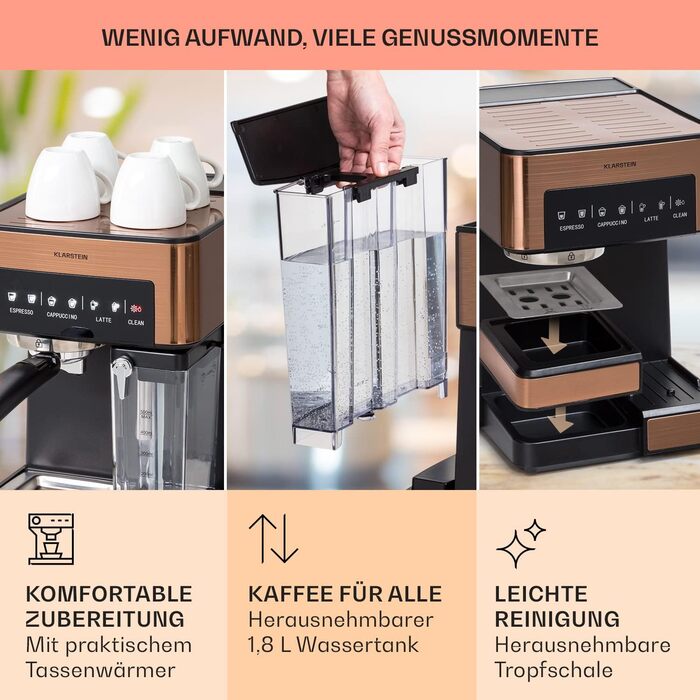 Еспресо-кавоварка Klarstein з капучинатором, 1,8 л, нержавіюча сталь, 20 бар, 1350W, для меленої кави, мідна