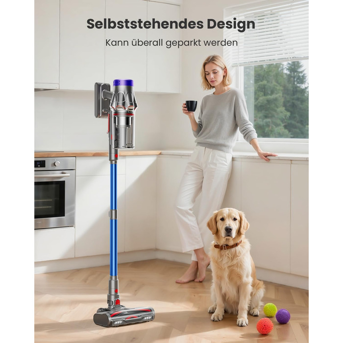 Бездротовий акумуляторний пилосос 48000Pa/580W/65Min, об'єм 1,8L, з функцією від'єднання пилу, антизаплутана щітка, 8-ступенева фільтрація. Підходить для килимів, шерсті тварин та твердих поверхонь. Колір: блакитний