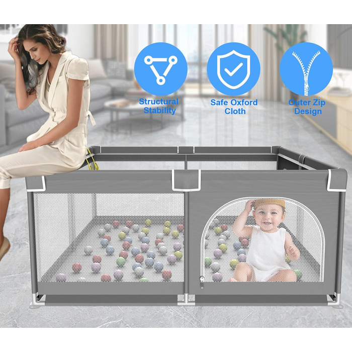 Дитячий ігровий центр/манеж Laufstall, 120x120 см, з ігровою килимком, складний, сітчасті бортики, з фіксаторами (сірий)