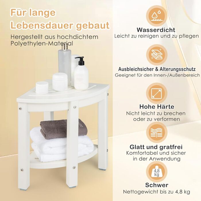 Двомісна лавка для душу Costway з полицею, 165 кг, коричнево-біла, 32.5x32.5x43.5 см