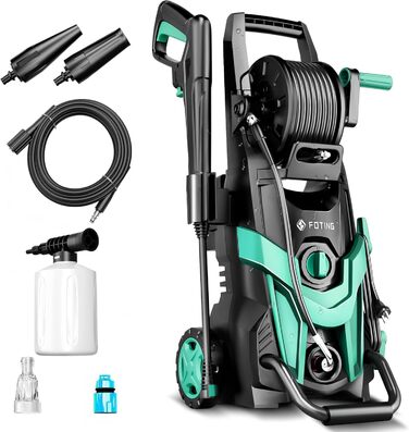 Високотискний мийник 2026 Neu 180 бар, 6-в-1 насадка, 420 л/год, 50 м²/год, з піночистою 500 мл та барабаном для шлангу 33x30x71 см, блакитний