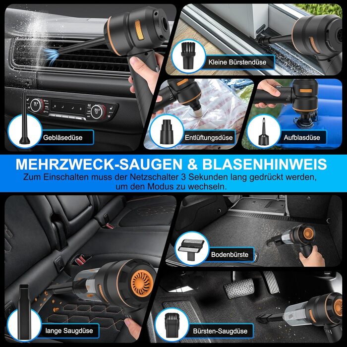 Бездротовий ручний автомобільний пилосос 4 в 1, потужність 18000Па, безщітковий двигун 200000 об/хв, 3 рівні всмоктування для авто, дому та шерсті тварин, сріблясто-чорний