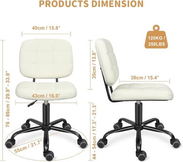 Офісний стілець без підлокітників Leader Accessories - регульована висота, ергономічний, для дому та офісу, білий, 86x55 см, до 120 кг