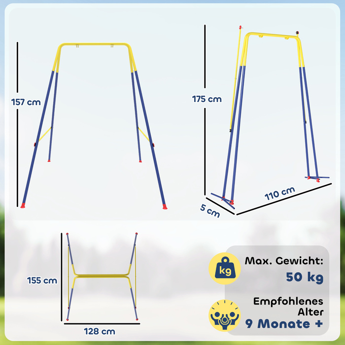 Складана рама для гойдалки з А-подібною основою, 2 гачки, 4 анкерні болти для фіксації на землі, призначена для дітей від 9 місяців до 8 років, розміром 128x155x157 см, блакитного кольору.