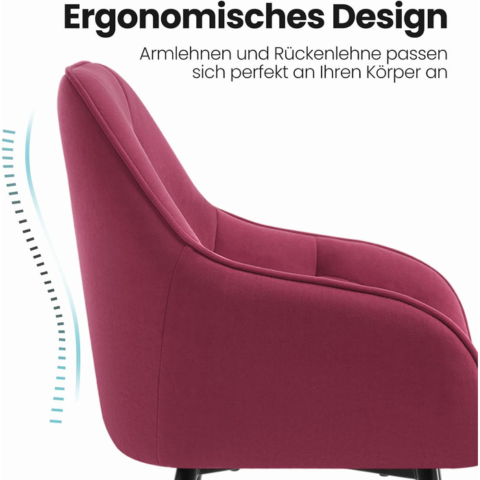 Набір з 2-х обідніх стільців WOLTU, для вітальні та кухні, ергономічні, з підлокітниками, м'яке сидіння з оксамиту (Бордо)