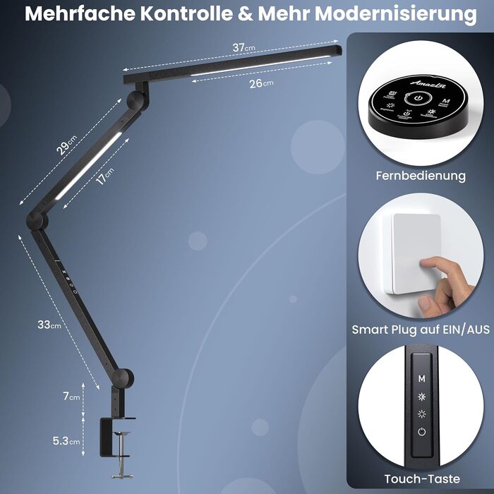 Світлодіодна настільна лампа AmazLit 12 Вт, з можливістю затемнення, поворотний кронштейн, регульована колірна температура, з дистанційним керуванням
