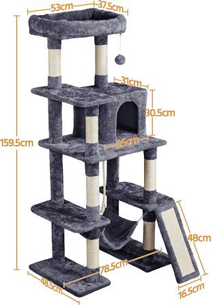 Кігтеточка для котів Yaheetech Cat Tree 159см Міцне котяче дерево з котячими печерами та платформами Ігровий будиночок для котів темно-сірий