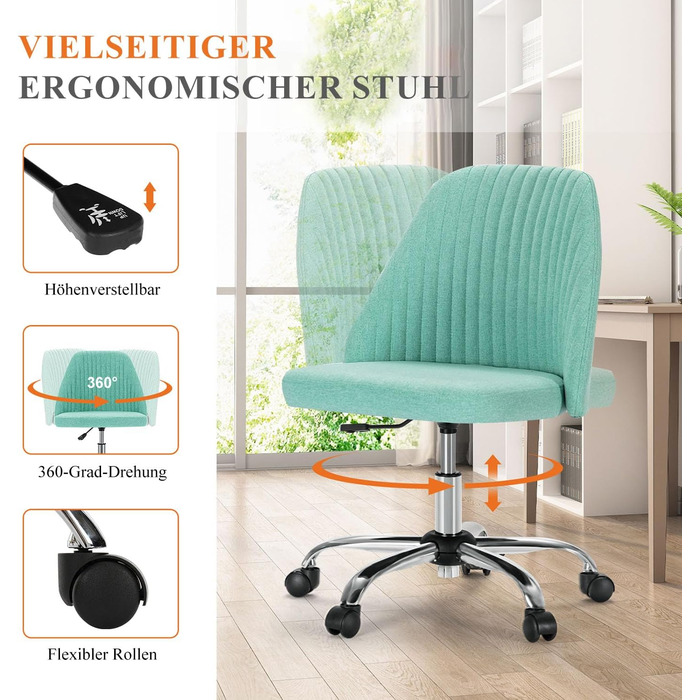 Офісний стілець Refined Living без підлокітників, комп'ютерний стілець на роликах, ергономічний, до 113 кг (зелений)