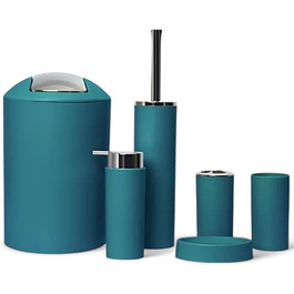 Набір аксесуарів для ванної кімнати 6tlg Badset: мильниця, стакан для зубних щіток, контейнер для косметики, щітка для унітазу з тримачем, мильниця, сміттєвий бак, тримач для зубних щіток, габардин для ванної (темно-бірюзовий дизайн 2a)