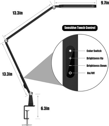Настільна лампа, jkswt для догляду за очима, регульована настільна лампа з поворотним кронштейном з затискачем, 72 світлодіода, 5 колірних режимів, 5 рівнів яскравості Настільна лампа, офісна лампа з функцією пам'яті і сенсорним управлінням, чорний