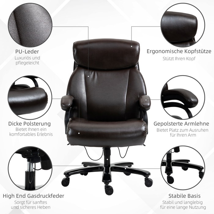 Крісло керівника Vinsetto Ergonomic з функцією гойдалки, шкіряне крісло коричневе, регулюється по висоті, вантажопідйомність до 180 кг