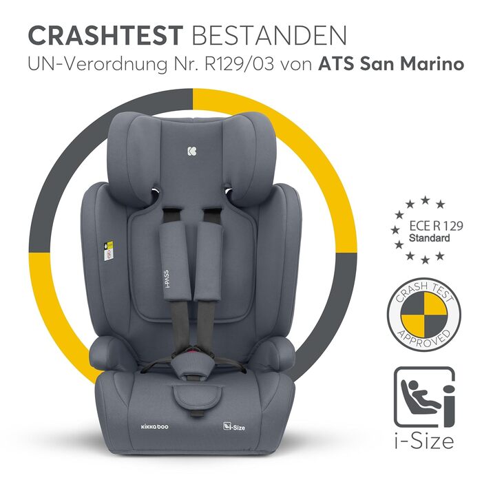 Автокрісло KikkaBoo 9-36 кг i-PASS, група 1/2/3, i-Size, 15 місяців - 12 років, сірий колір