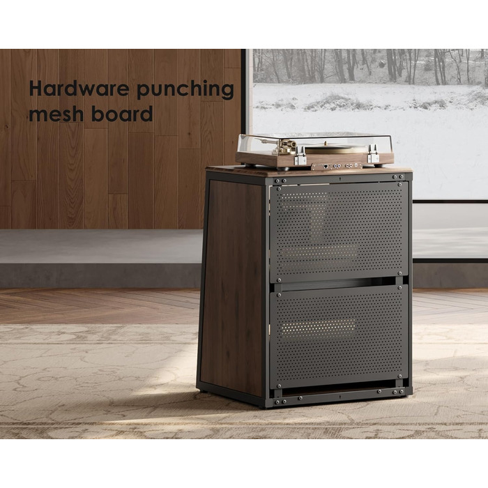 FITUEYES HiFi стійка з скляними дверцятами, стіл для програвача з захисним оснащенням, регульовані полиці для програвача та стереосистем, 66x65x81 см