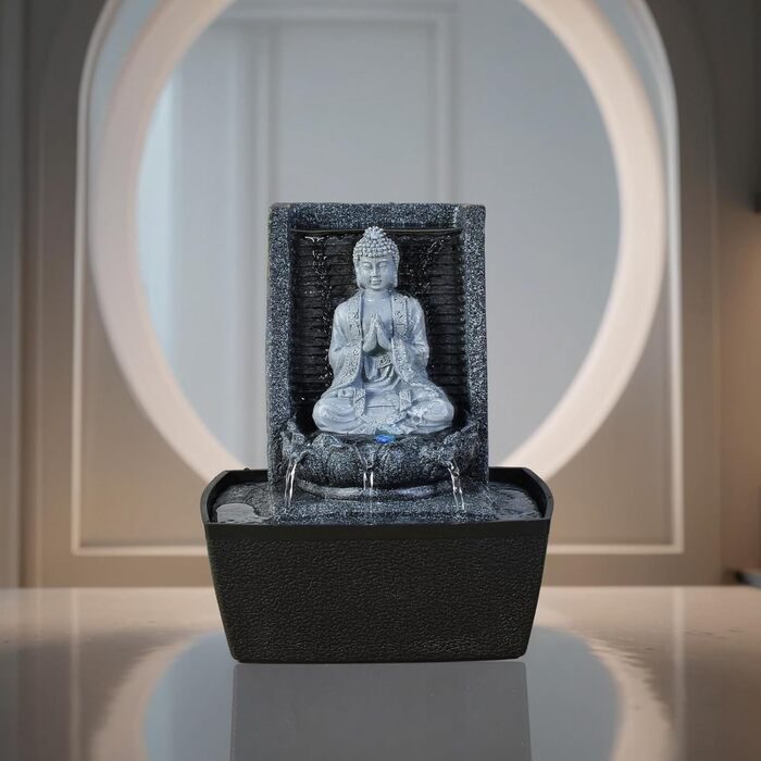 Фонтан для медитації Zen'Light Nirvana з Буддою та LED-підсвіткою. Сучасний декор для дому, Фен-Шуй, сірий, H 26 см