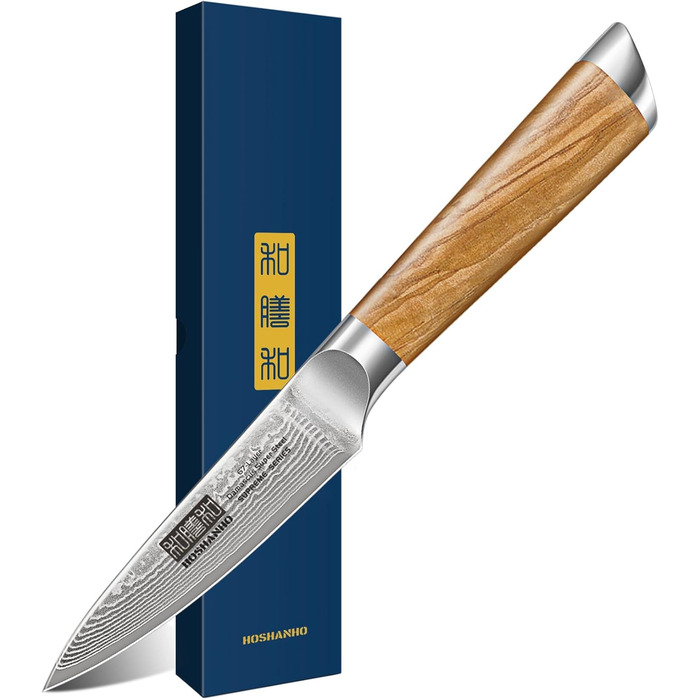 Японський ніж HOSHANHO з дамаської сталі 20 см, 67 шарів, кухонний ніж для приготування їжі, гострий, з ергономічною ручкою оливкового кольору (9.5 см), ніж для очищення