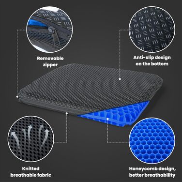 Ортопедична гелева подушка на сидіння для офісного стільця, авто та візка — м'яка подушка з протиковзаючим знімним чохлом (Синій, 43x39x4 см)