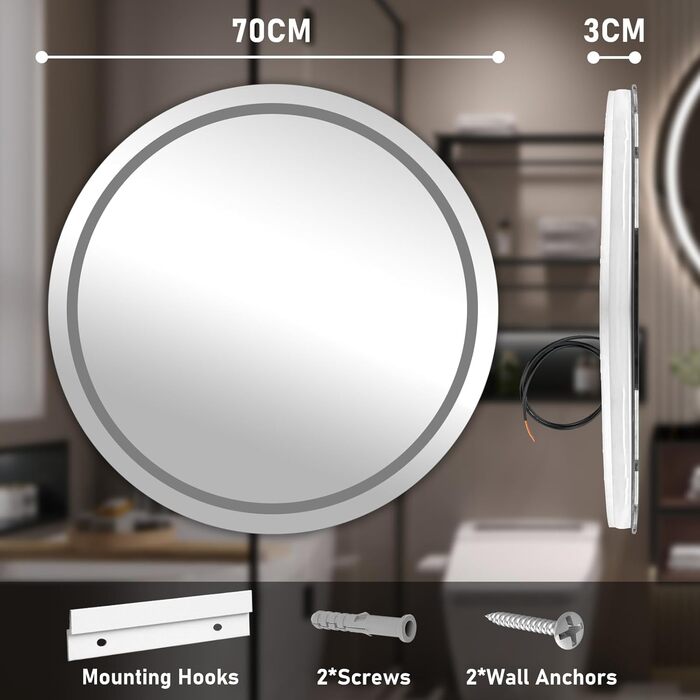 Дзеркало для ванної кімнати з підсвічуванням, 60 см, кругле, з антизапарюванням, регульоване, 3 кольори світла (70x70 см)