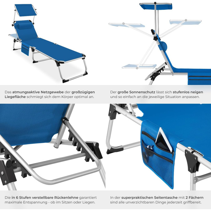Шезлонг Tectake з дахом, шезлонг для балкона з алюмінію, складаний садовий шезлонг, стійкий до погодних умов, лежак для саду, кемпінгу та пляжу, регульована спинка, подушка для голови, бічна кишеня - сірий меланж (блакитний)