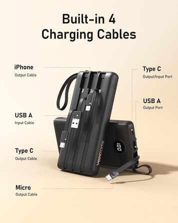 З кабелем, 5 виходів, LED-дисплей, сумісний з iPhone/Samsung/Xiaomi, 10000mAh USB C