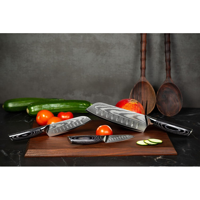 Набір кухонних ножів Wolfblood PRO 3 шт. Дамаск XL (31, 23, 19 см) з нержавіючої сталі 67 шарів, з дерев'яною ручкою, подарункова коробка та захист леза. Перевірено TÜV, твердість 62 HRC