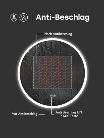 Дзеркало для ванної кімнати HOROW круглої форми з підсвічуванням, 80 см, LED, регулювання кольору світла (холодне, тепле, нейтральне), диммування, антизапар, без рами, IP44, енергозберігаюче (60x60 см)
